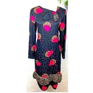 Vintage 80s 100% Silk Midi Dress bubble hem black and pink